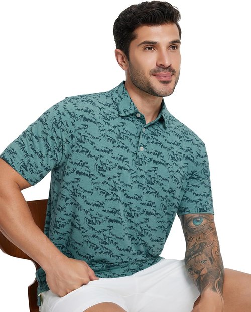 M MAELREG Golf Shirts for Men - Performance Moisture-Wicking Dry Fit Polo | Short Sleeve Heather Stripe