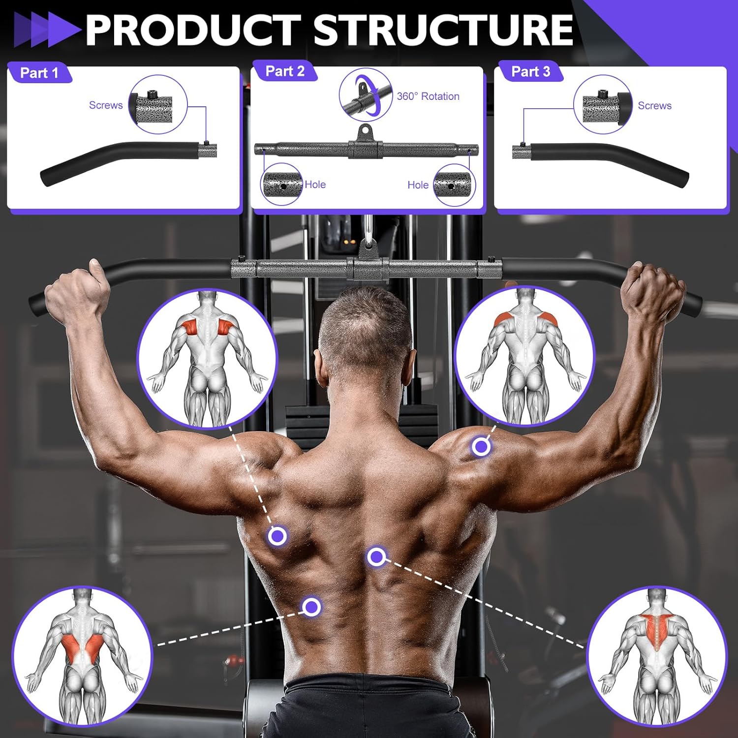 Skiennix Cable Machine Attachments Set - LAT Pulldown Bar & Tricep Rope | Home Gym Essentials