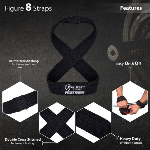 Beastpowergear Figure 8 Strap | Heavy Duty Deadlift Weight Lifting Power Wrist Strap | Weightlifting Powerlifting Shrugs Workout Men Women (Black, Large 14” (8.5+ Wrist Circumference))