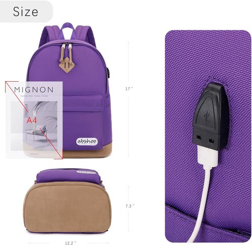 Abshoo Basic School Backpack - Water Resistant Bookbag for College & High School | Purple Daypack