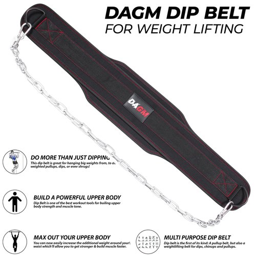 DAGM Dip Belt for Weight Lifting - Upto 650 Lbs Weight Capacity, 38" Steel Chain, Confortable Neoprene Padded Support, Perfect Weighted Belt for Pullups, Dips, Squats, Gym Workout & Crossfit Training