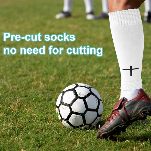 2 Pairs Pre Cut Soccer Socks, Polyester Shin Guard Sleeves White Black Cross Leg Sleeves Pre Cut Socks for Football Basketball Running
