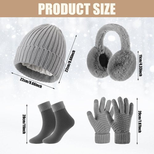 Geyoga 6 Pcs Winter Warm Set for Women Warm Beanies Hats Touchscreen Gloves Long Scarf Ear Muffs Socks Winter Gifts for Women(Gray,Minimalist)