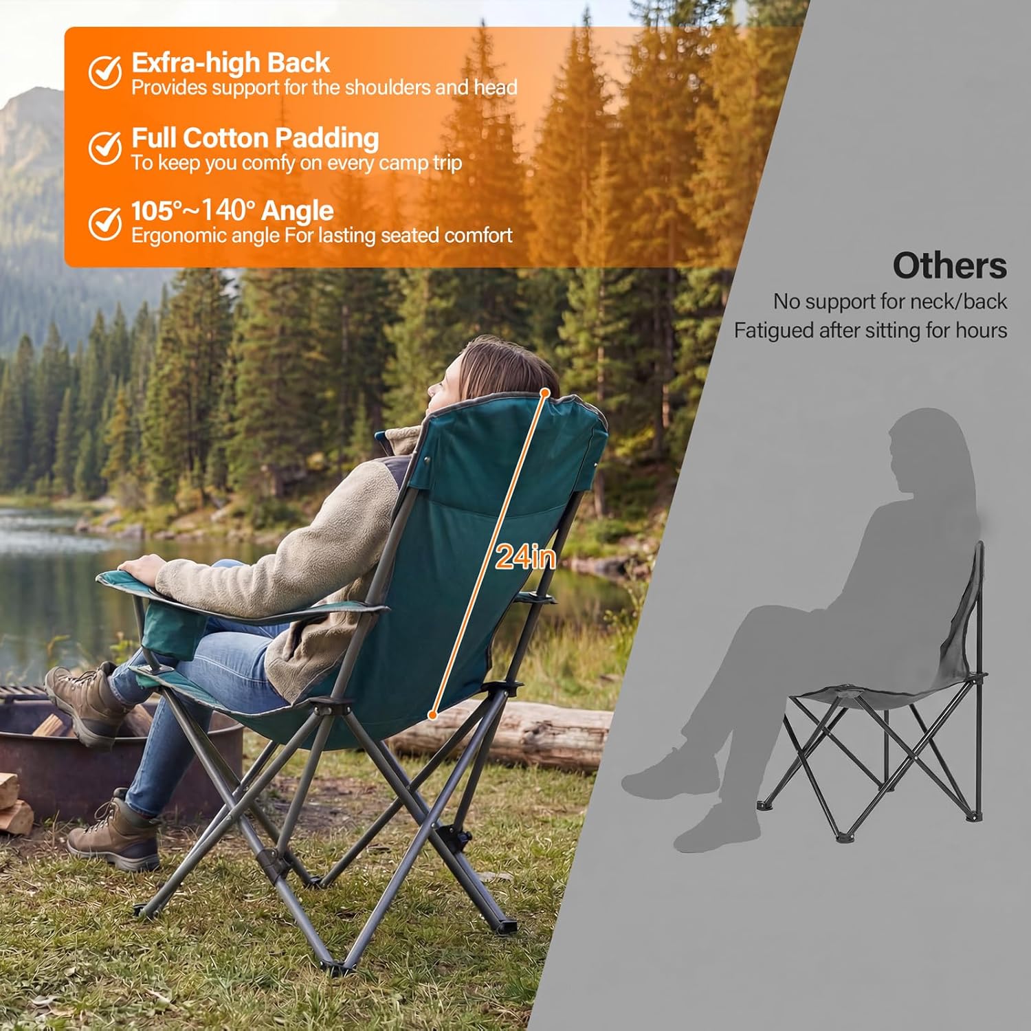 Skiennix Oversized Camping Chairs - Heavy Duty Folding Lawn Chairs with Adjustable Backrest & Cup Holders | Supports 400lbs