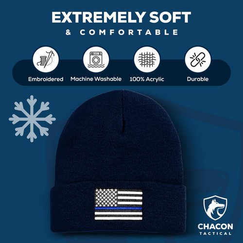 Chacon Tactical Patriotic Black Acrylic Beanie Hat (Acrylic, Thin Blue Line - Navy Blue)