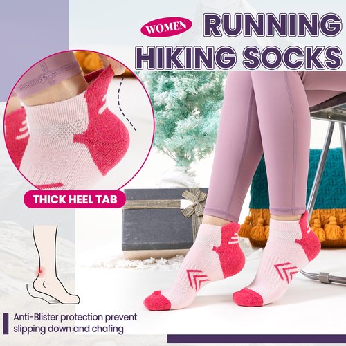Velice Merino Wool Ankle Hiking Running Socks for Women Compression Support Thick Athletic Cushion Breathable No Show Socks 6 Pairs(Multicolor, Medium)