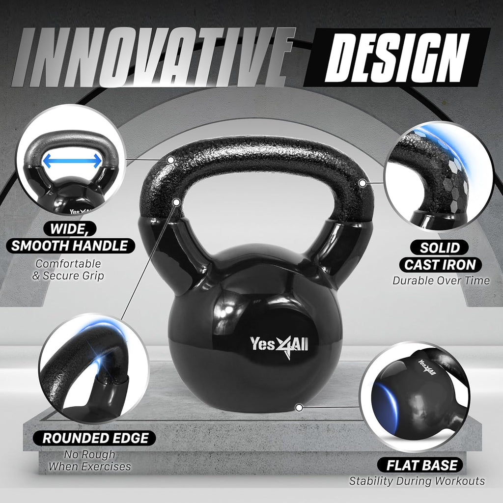 Yes4All Kettlebell - Vinyl Coated Cast Iron Set for Full Body Workouts | Stable Flat Bottom Design