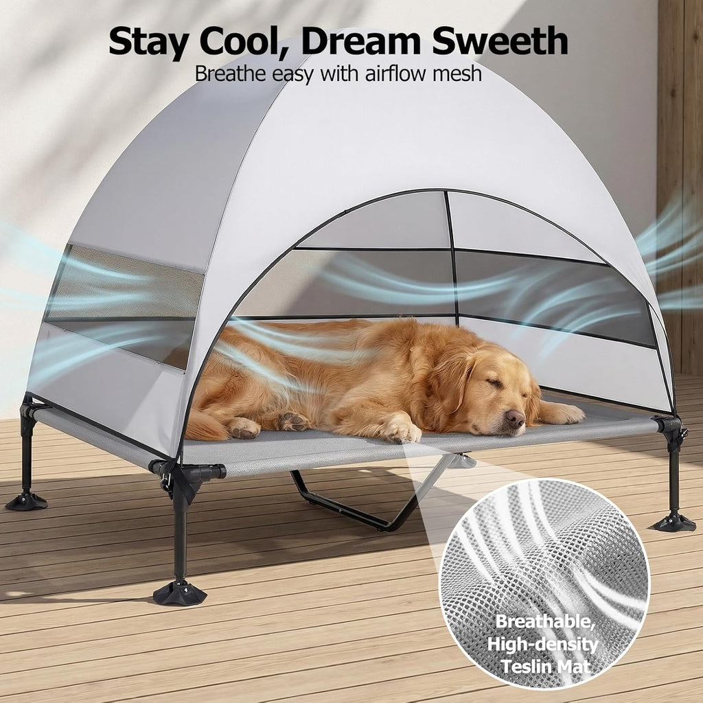 Skiennix Elevated Dog Bed - UV-Proof Canopy & Adjustable Feet - Portable Cooling Cot for Camping & Outdoor Use