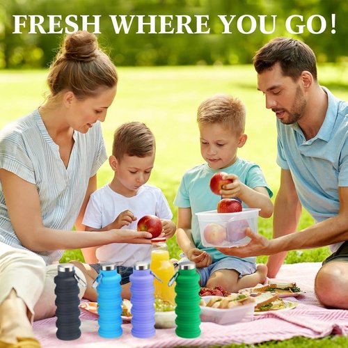Lallisa Collapsible Water Bottles - 17 oz Reusable Silicone | Portable Leak-Proof Design for Travel & Outdoor Activities (Blue, Purple, Gray, Green)