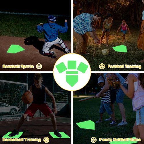 Baseball & Softball 5 Piece Base Set, Luminous Green Rubber Field Bases for Kids & Adults, with 5 Piece Training Balls and Storage Bag, Throw Down Base for Backyard Tee-Ball, School Kickball Practice