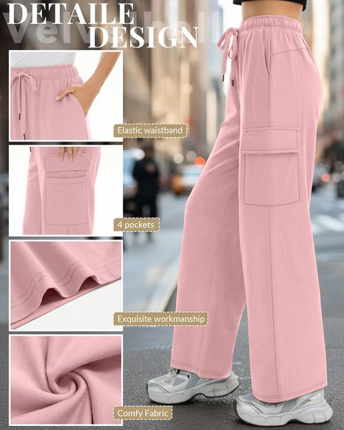 Velvelhall 3 Pack Women's Cargo Sweatpants Wide Leg Baggy Elastic Drawstring Pants Casual Athletic Joggers with 4 Pockets(Pink, Light Mixed Gray, Black,Large)