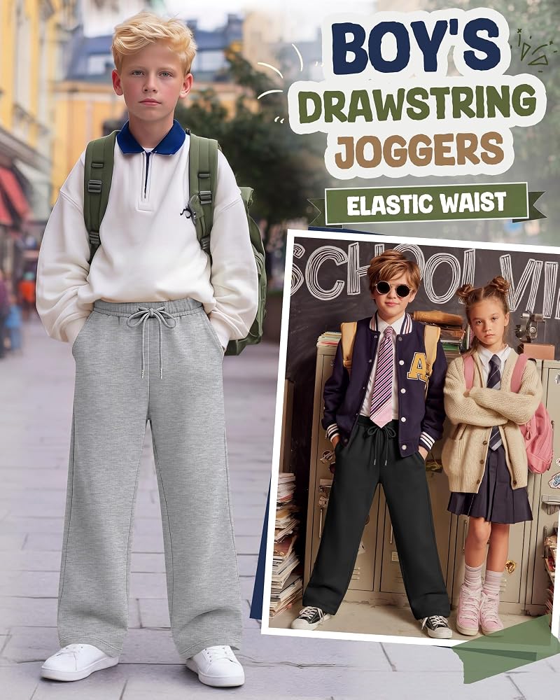 4 Pack Boys Baggy Sweatpants with Pockets - Medium Grey, Light Grey, Dark Grey, Black (5-14y)