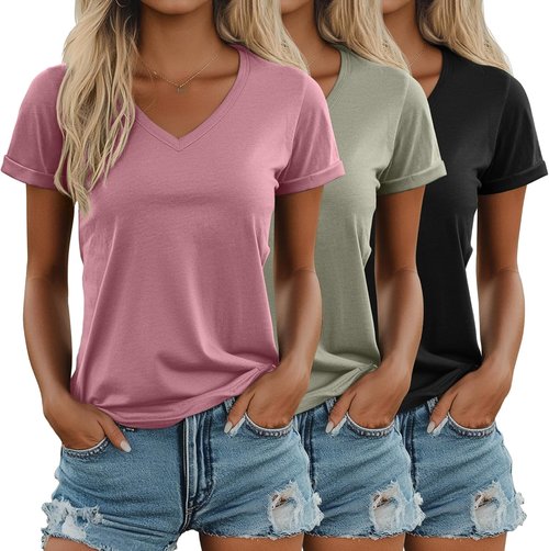 Ficerd Women's V-Neck T-Shirts - Casual Summer Short Sleeve Tops | Loose Fit & Trendy 3-Pack