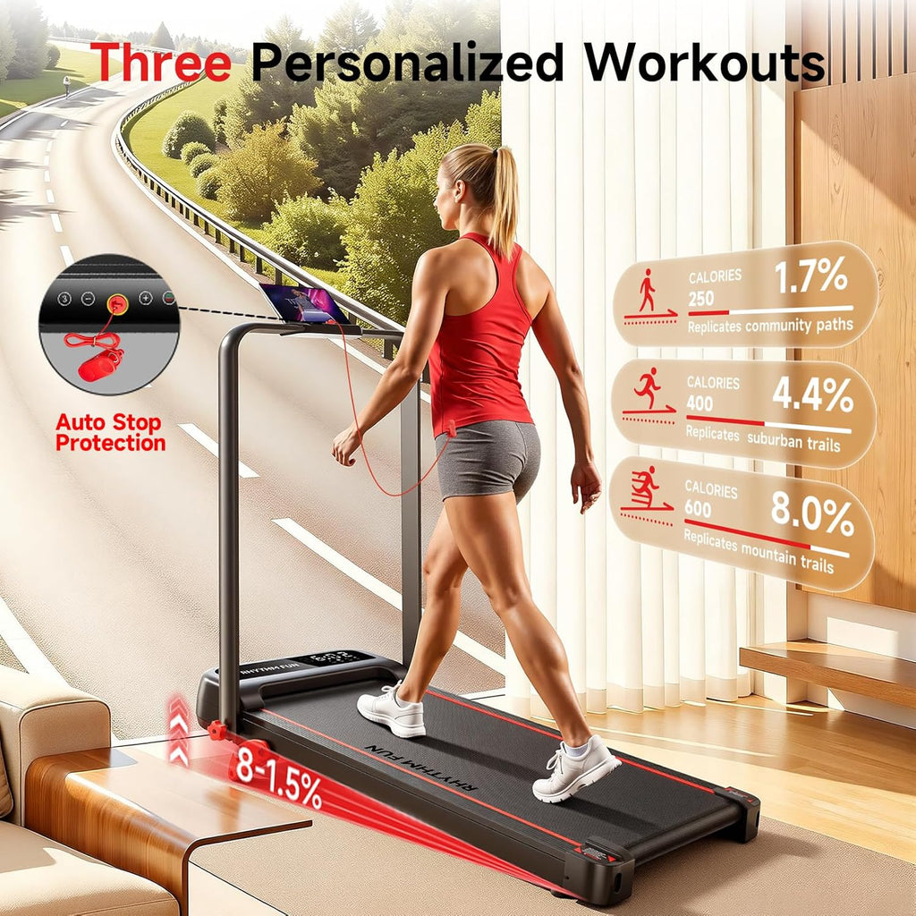 RHYTHM FUN Treadmill - Portable Folding Walking Pad with Incline & Handle Bar | 300lbs Capacity, Low Noise
