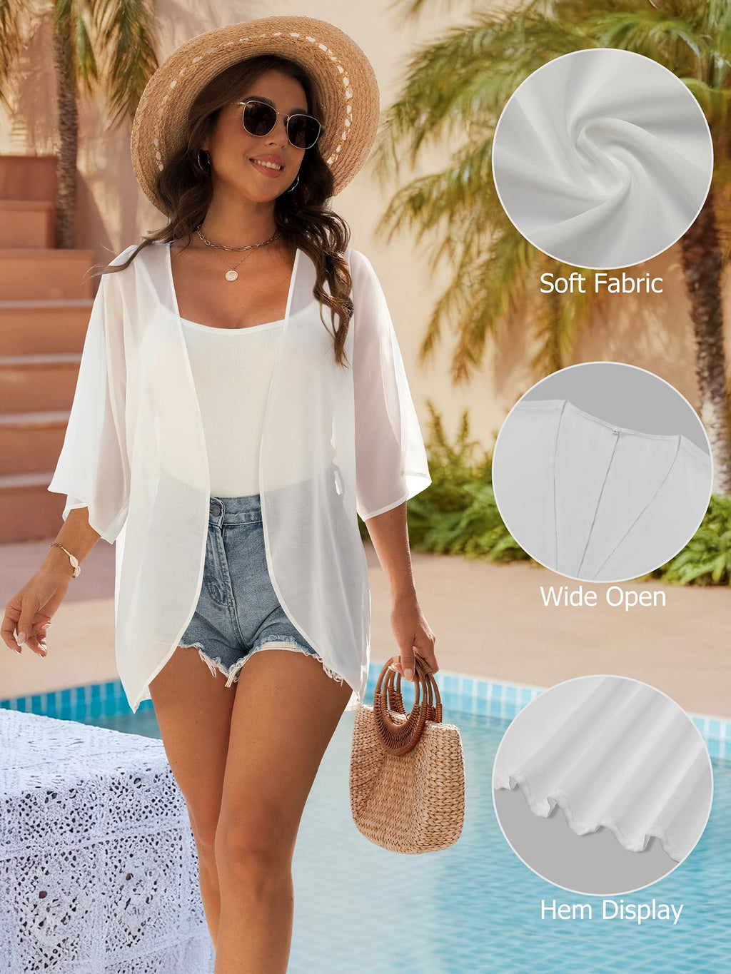 GKBK Women's Floral Print Puff Sleeve Kimono Cardigan Loose Cover Up Casual Blouse Ladies Shirts Casual Tops White L
