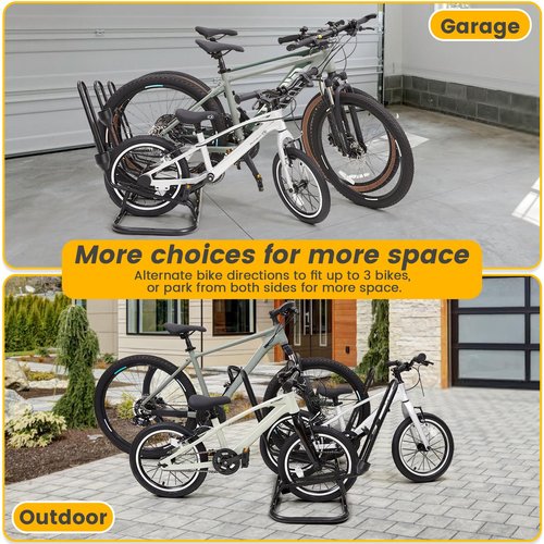 Bike Stand for 3 Bikes, Anti-Collision Design Protects Disc Brake & Derailleur, Waterproof Bike Rack Indoor/Outdoor/Garage Use, Fits Road/Kids/MTB Bicycles with 12"-29" Tires