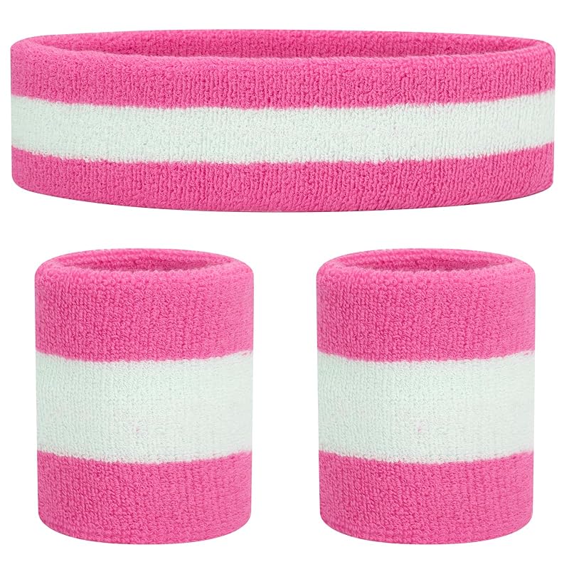 ONUPGO Sweatbands Set – Neon Headband & Wristbands for Men Women, 3-Piece Pink/White/Pink