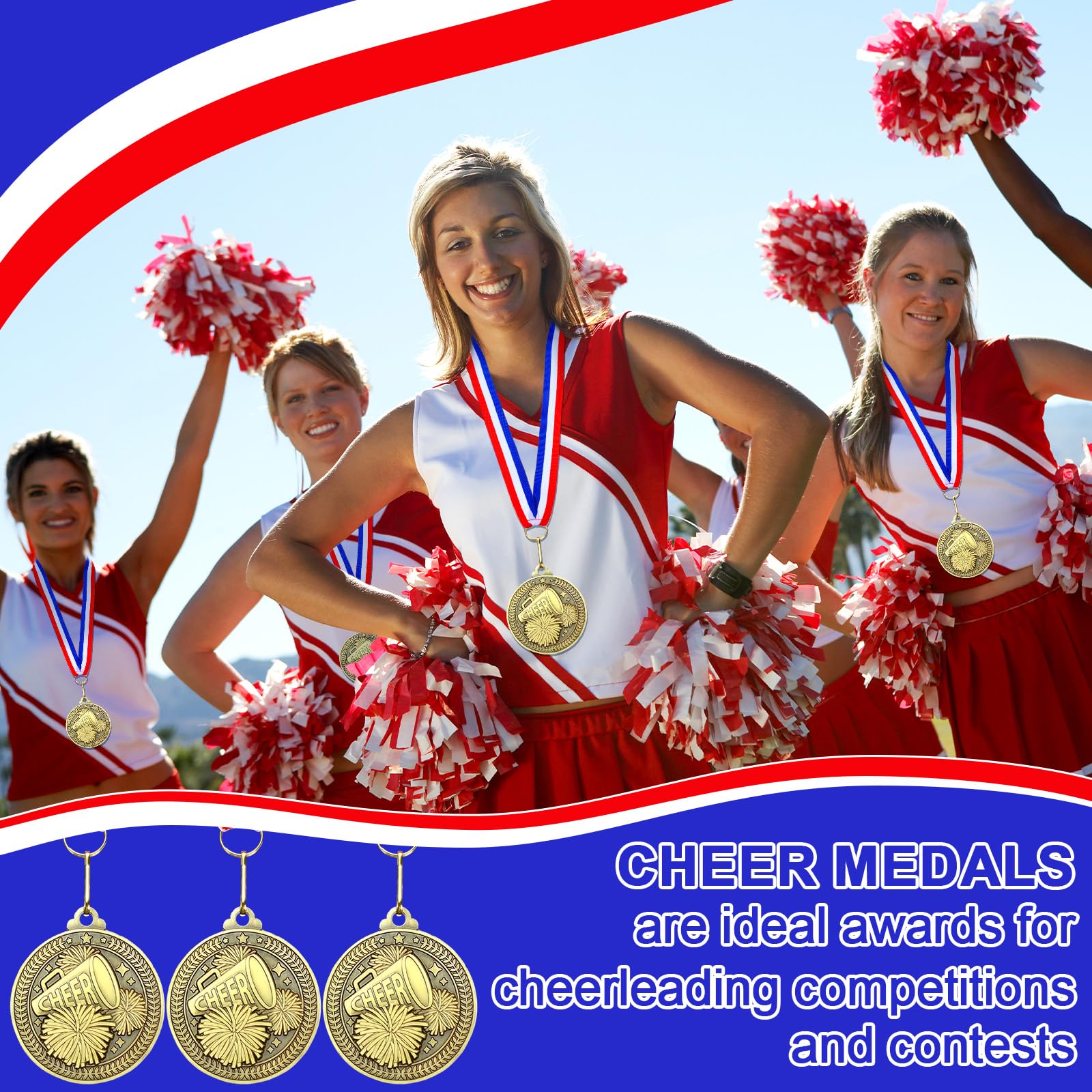 Remuuly 60 Pcs Gold Award Medals 2 Inch Soccer Baseball Volleyball Football Cheer Trophy Medals Metal Awards Bulk with Neck Ribbons Trophy Prize Gifts for Sports Competitions(Cheer)