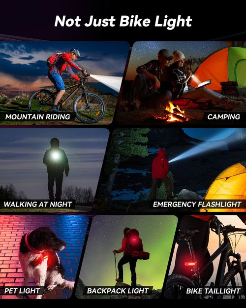 Bike Lights for Night Riding, USB Rechargeable Mountain Bicycle Headlight, Super Bright, Waterproof, 6+4 Light Modes Bike Light Set for Cyclists and Commuters - Gray