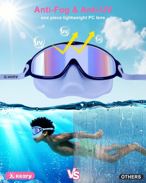 Keary Kids Swim Goggles - Anti-UV & Anti-Fog with Nose Cover | 2 Pack for Ages 3-12