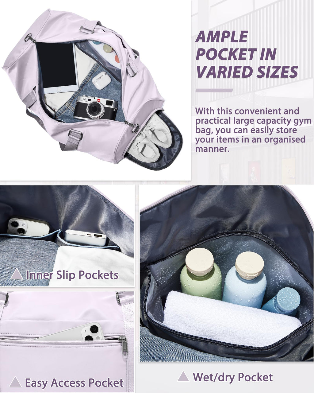 Travel Duffle Bag,Weekender Overnight Bags for Women with Shoes Compartment,Tote Gym Bag Personal Item Carry On Bag for Travel Business Trips Sport Hospital Dance Purple