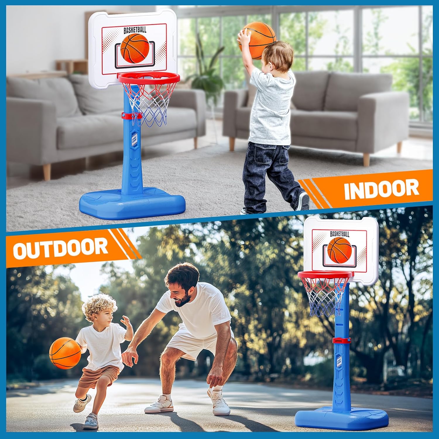 Skiennix 3-in-1 Kids Basketball Hoop & T-Ball Set - Adjustable Height Indoor/Outdoor Sports Toy for Ages 3-5 (Blue)
