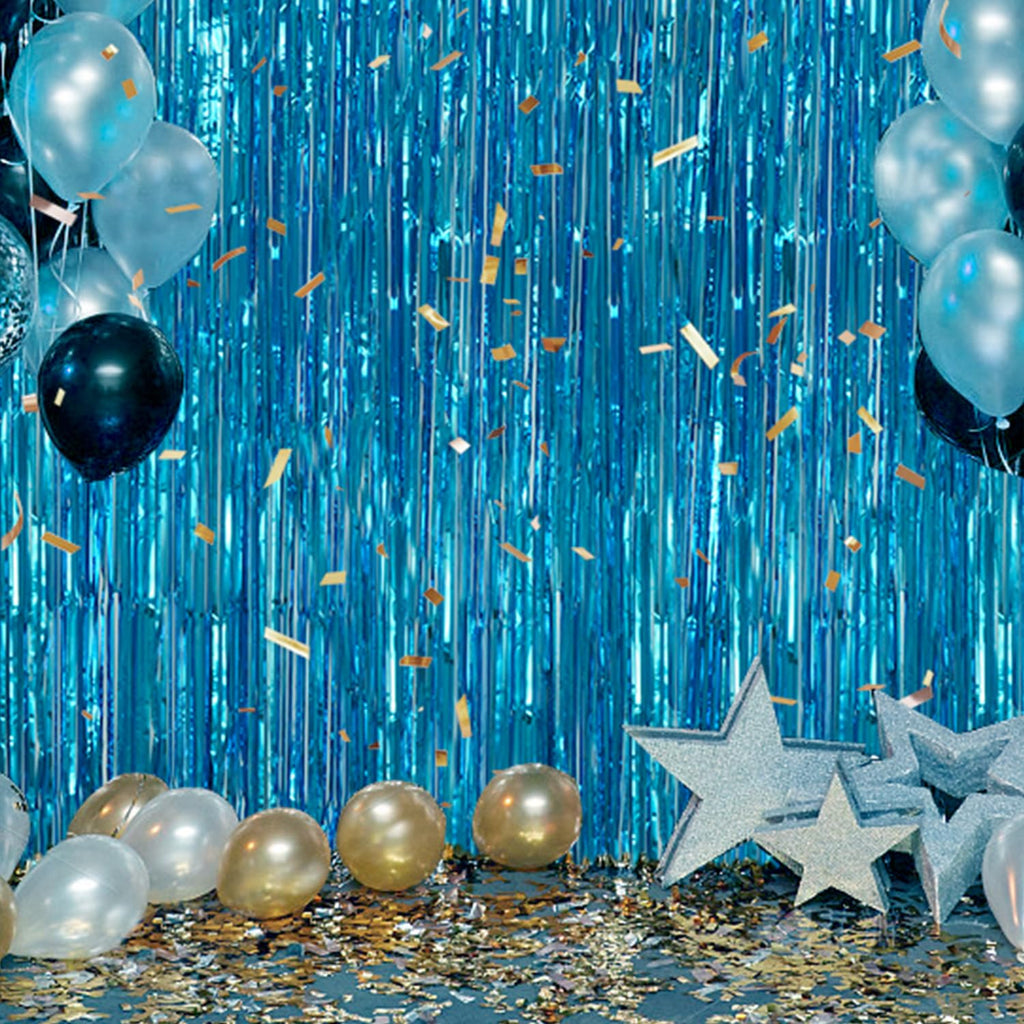 DECOCKRAT 3 Pack Foil Fringe Backdrop - Blue Shiny Tinsel Curtains for Party Decoration/Photo Booth Props - 3.3x8.2 FT Metallic Foil Backdrop for Birthday, Wedding, Graduation, Christmas.