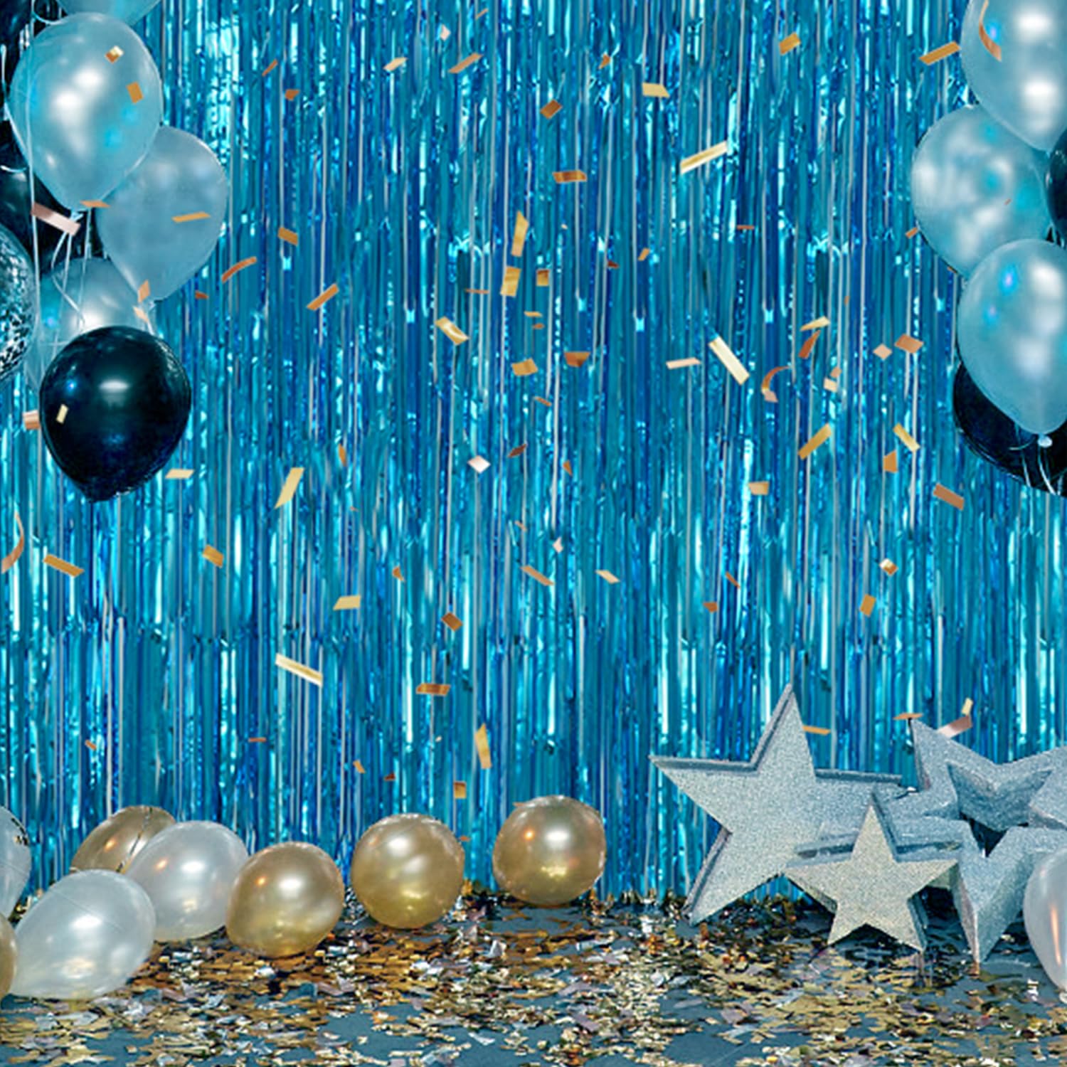 DECOCKRAT 3 Pack Foil Fringe Backdrop - Blue Shiny Tinsel Curtains for Party Decoration/Photo Booth Props - 3.3x8.2 FT Metallic Foil Backdrop for Birthday, Wedding, Graduation, Christmas.