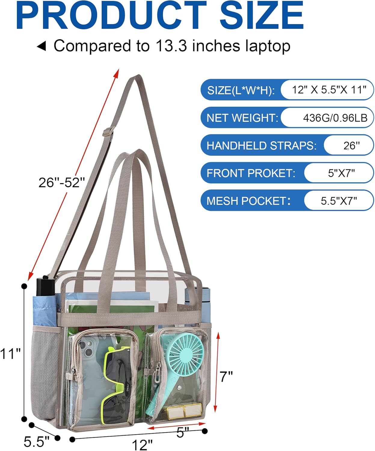 XCU Clear Stadium Bag - Large 12x6x12 Transparent Tote with Adjustable Straps for Events | Concerts & Sports
