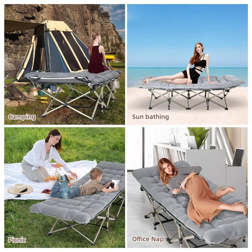 Camping Cot for Adults Sleeping Portable Folding Outdoor Cots for Camping W/Soft Pad Carry Bag for Home Office Nap Beach Travel, 500LBS,Grey