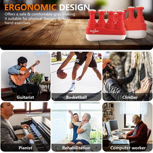 Hand Exerciser - Improves flexibility and strength in fingers, hands, and forearms - Adjustable tension for each finger - Simulated guitar strings help develop calluses - Comfortable workout - Red and white