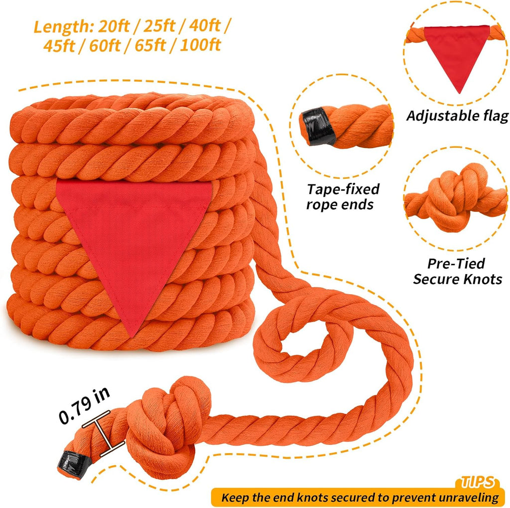 Skiennix Tug of War Rope - 20ft Soft Cotton Outdoor Pulling Rope with Flag for Family Fun | Orange
