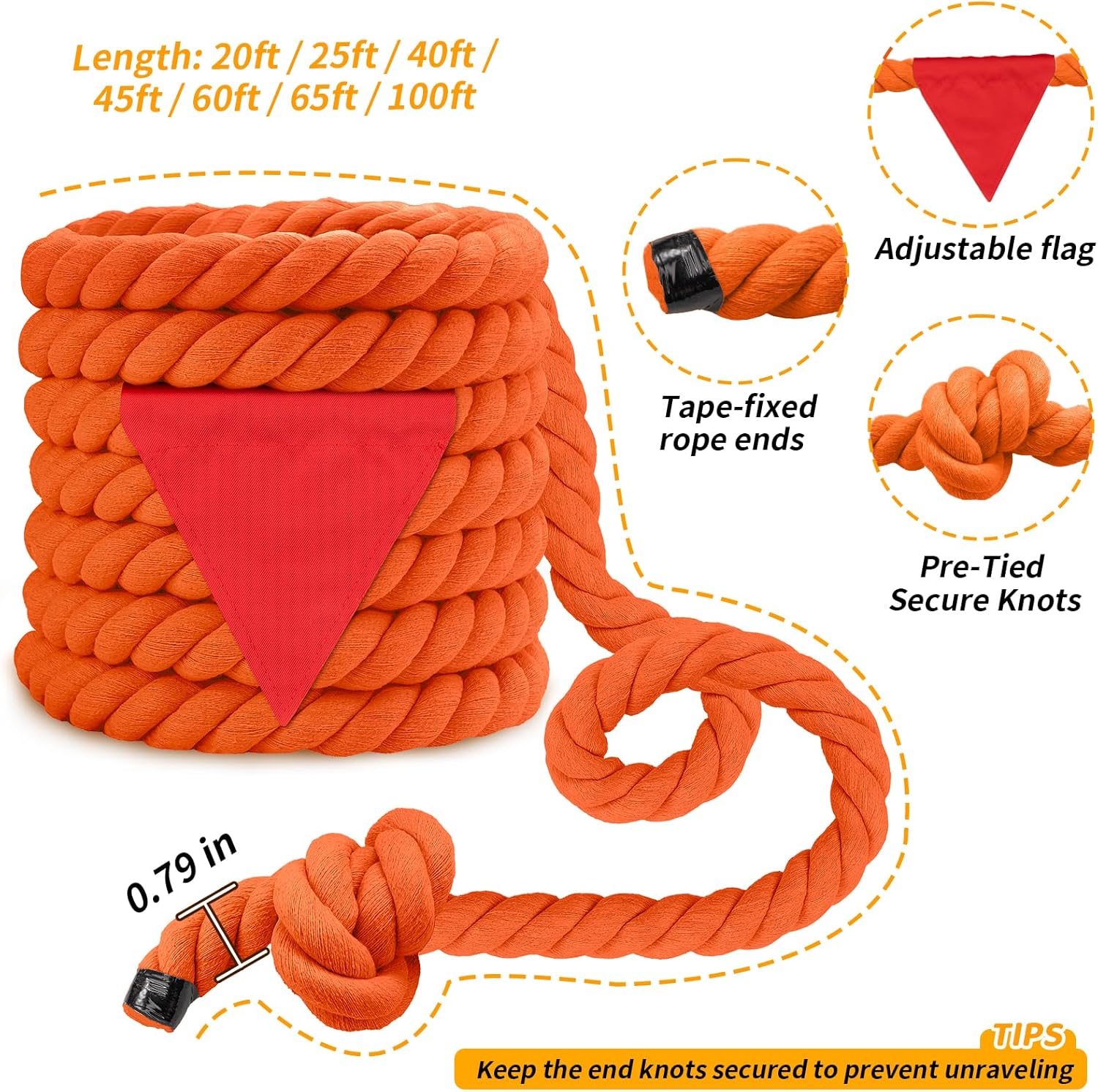 Skiennix Tug of War Rope - 20ft Soft Cotton Outdoor Pulling Rope with Flag for Family Fun | Orange