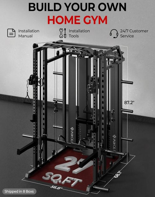 Mikolo Smith Machine - Multi-Functional Home Gym System with Weight Stack & LAT Pulldown | 10+ Free Attachments