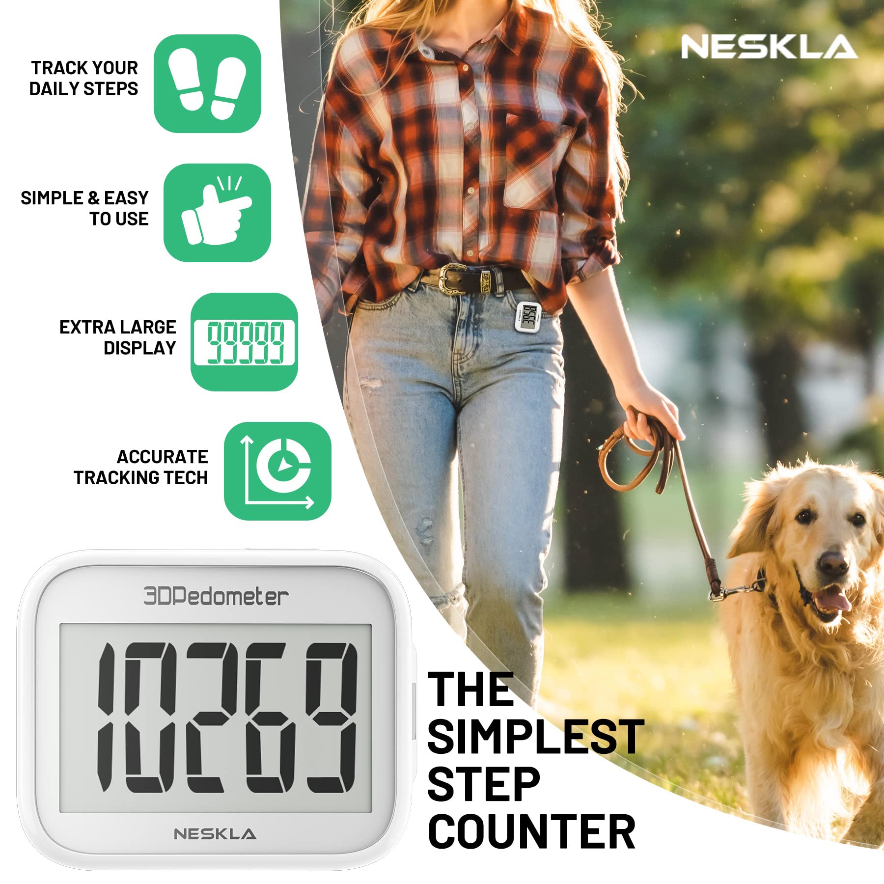 NESKLA 3D Pedometer for Walking, Simple Step Counter with Large Digital Display, Step Tracker with Removable Clip Lanyard, Accurately Track Steps for Men Women Kids Adults Seniors-White