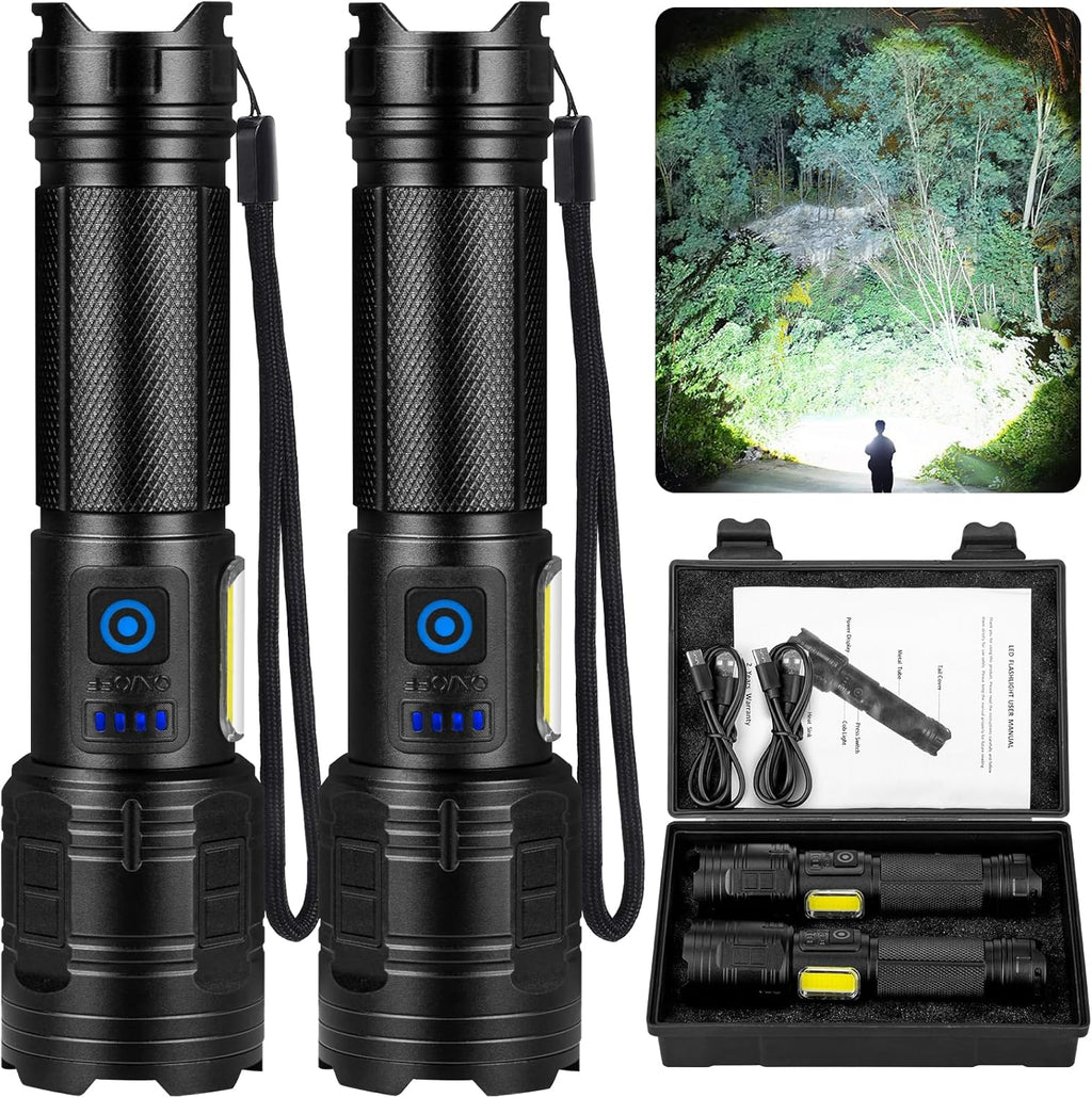Rechargeable Flashlights - 90,000 High Lumens, 7 Lighting Modes, 24H Runtime | IPX7 Waterproof, 2 Pack