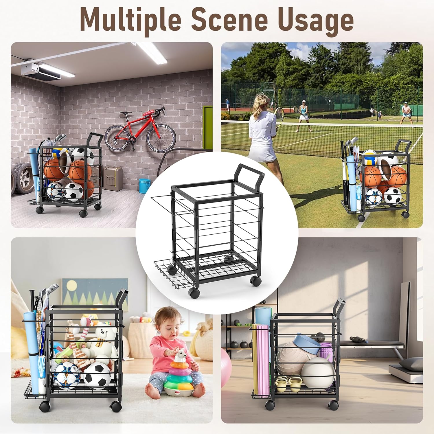Skiennix Sports Equipment Garage Organizer - Upgraded Ball Storage Rack with Wheels | Black