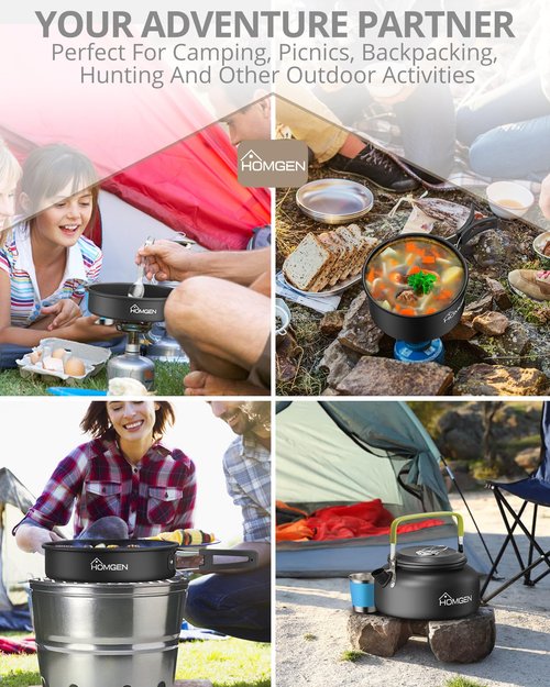 HOMGEN 12pcs Ultralight Anodized Aluminum Camping Cookware Set for 2 People - Nesting Pot/Pan with Foldable Handles 800ml Insulated Teapot & Stainless Cups- Compact Backpacking Gear for Camping Hiking