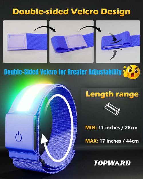 Topward LED Armband 2 Pack, Light up Reflective Arm Bands Glow Bracelets, Running Lights for Runners Dog Walking - 5 Colors 11 Light Modes - Adjustable Velcro - Rechargeable