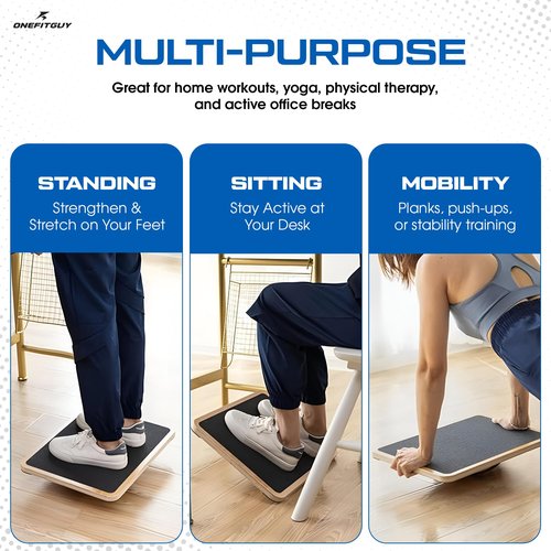 ONEFITGUY Wooden Balance Board for Adults, Wobble Board for Core Strength & Stability Training, Non Slip Surface, 550lb Capacity, Home & Office Exercise Use