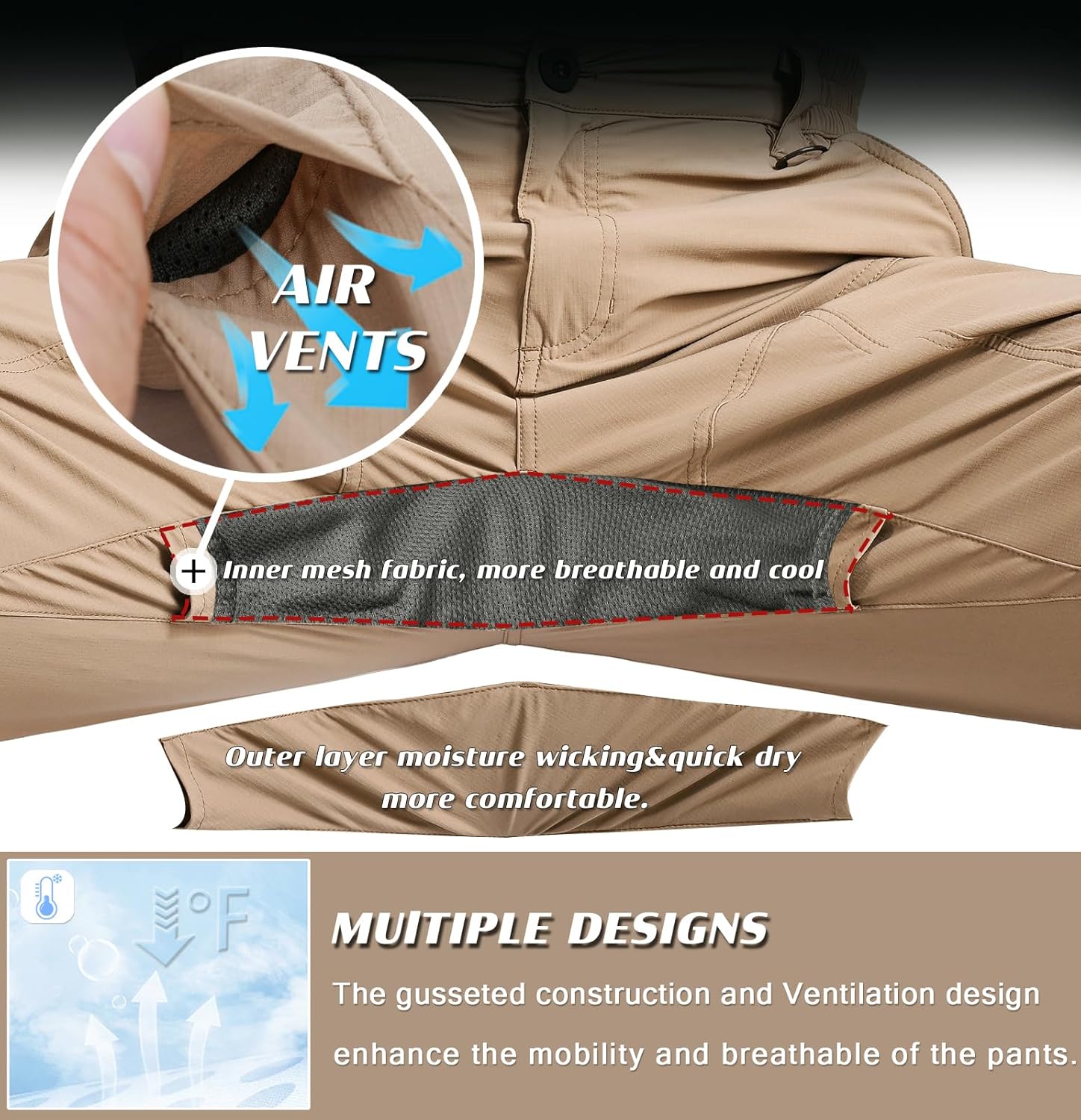 Skiennix Men's Lightweight Cargo Hiking Pants - Quick Dry, Water Resistant, 6 Pockets | Ideal for Outdoor Travel