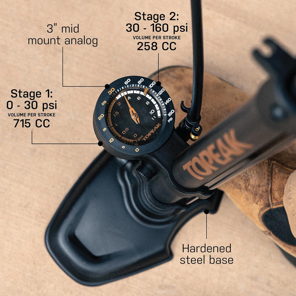 Topeak JoeBlow Tubi 2Stage Bike Pump - High-Pressure Floor Pump for Tubeless & Standard Tires, Durable Steel & Aluminum Construction