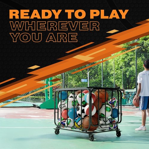 Houseables Ball Cart - Sports Equipment Organizer with Wheels | Large Metal Basketball & Volleyball Storage Bin