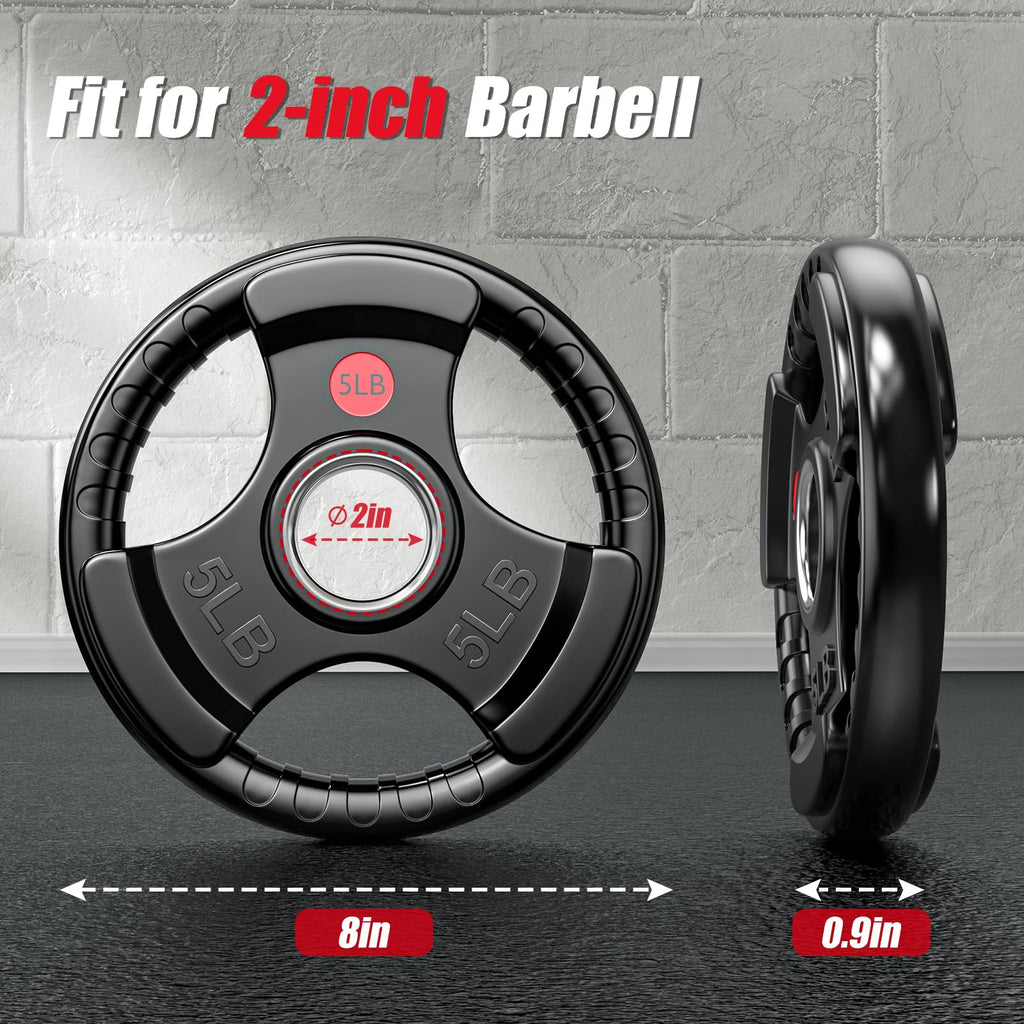 GIKPAL 5LB Olympic Weight Plates Pair, Three-Grip Rubber Coated 2-Inch Plates with Steel Hub for Beginner Strength, Core Work & Home Gym Use