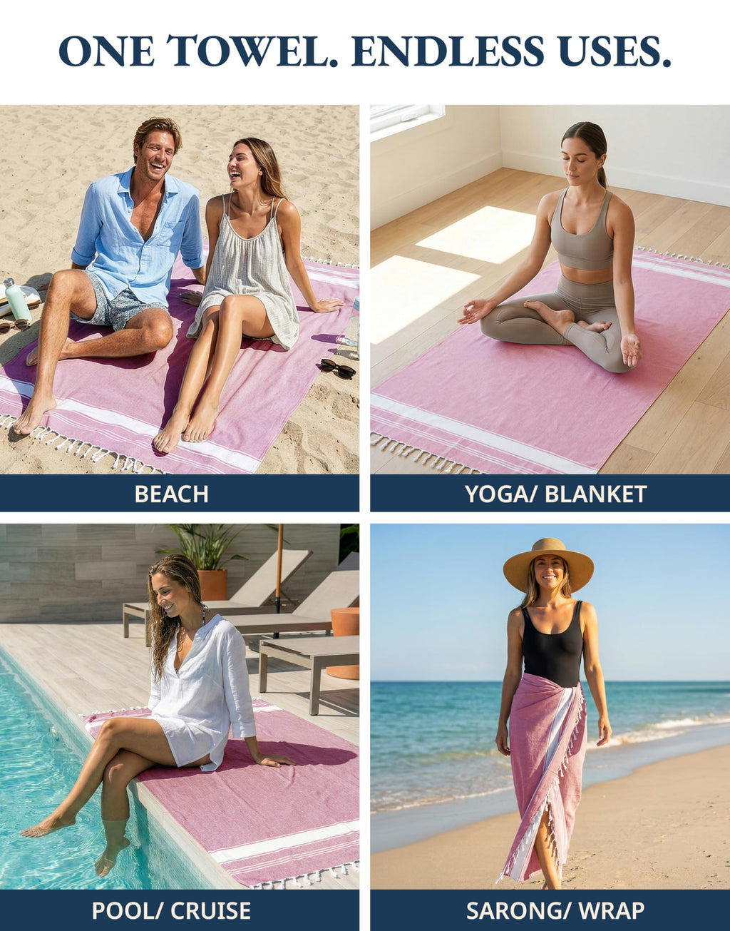 LANE LINEN Turkish Beach Towel Set of 4 - Beach Towels, Pre-Washed Pool Towel, Extra Large Beach Towel, Quick Dry & Sand Free, Absorbent Travel Towel, 39"x71" - Candy Pink