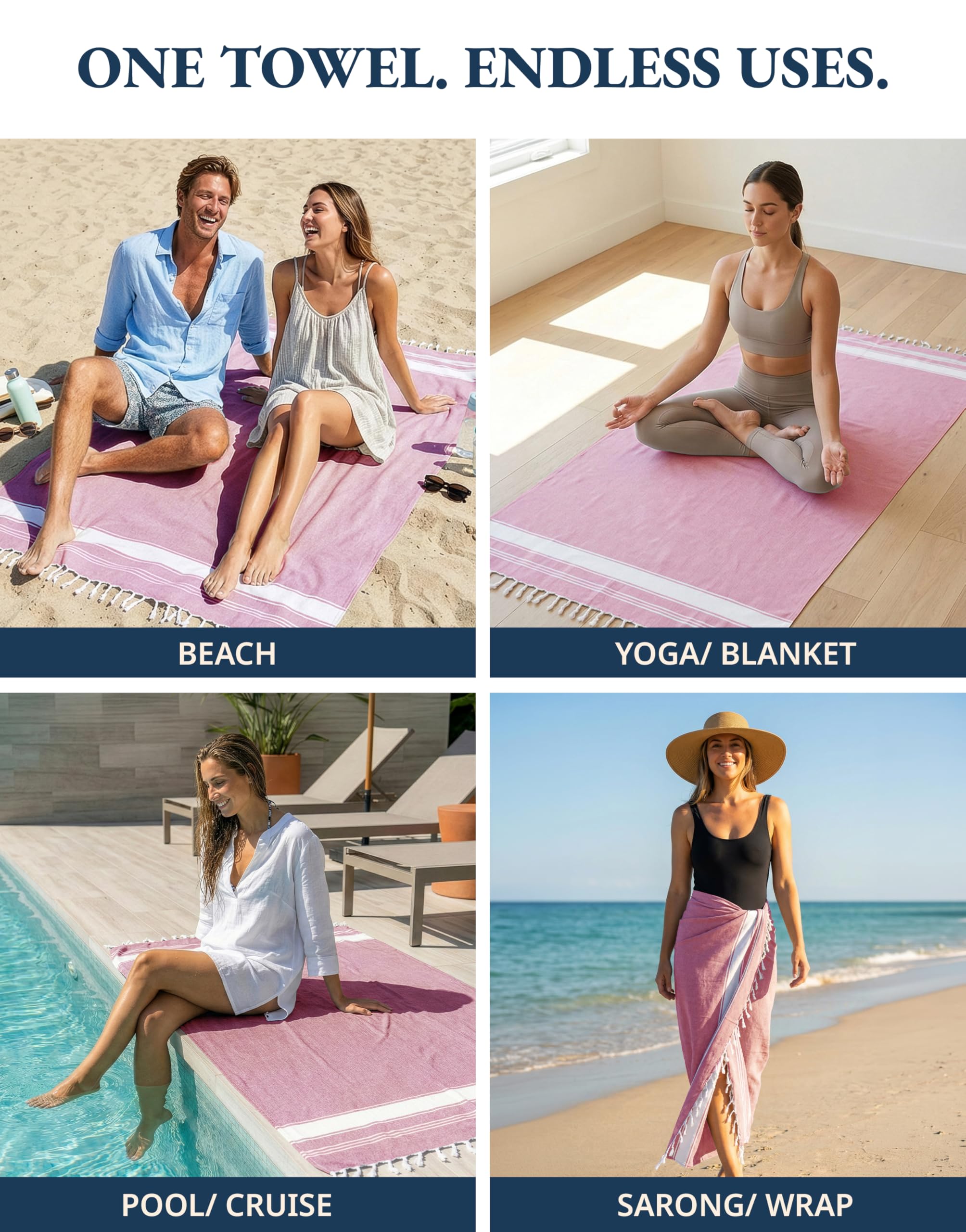 LANE LINEN Turkish Beach Towel Set of 4 - Beach Towels, Pre-Washed Pool Towel, Extra Large Beach Towel, Quick Dry & Sand Free, Absorbent Travel Towel, 39"x71" - Candy Pink