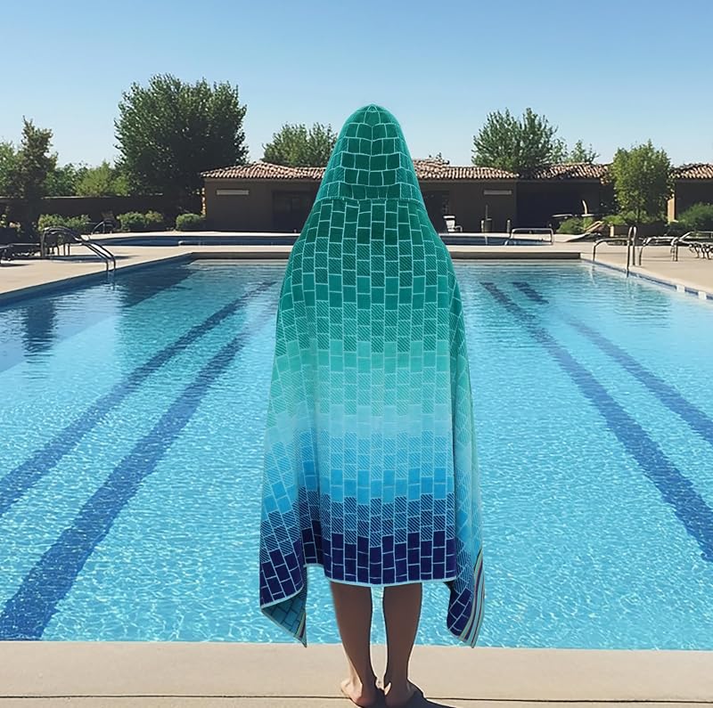 Hooded Beach Towel 39x68 Oversized 100% Cotton - Blue Tiles (1 Pack)