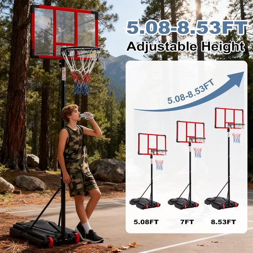 DUMOS 10FT Adjustable Height Basketball Hoop - 44" Shatterproof Backboard & Shock Absorbent Rim | Portable Design for Indoor/Outdoor Use