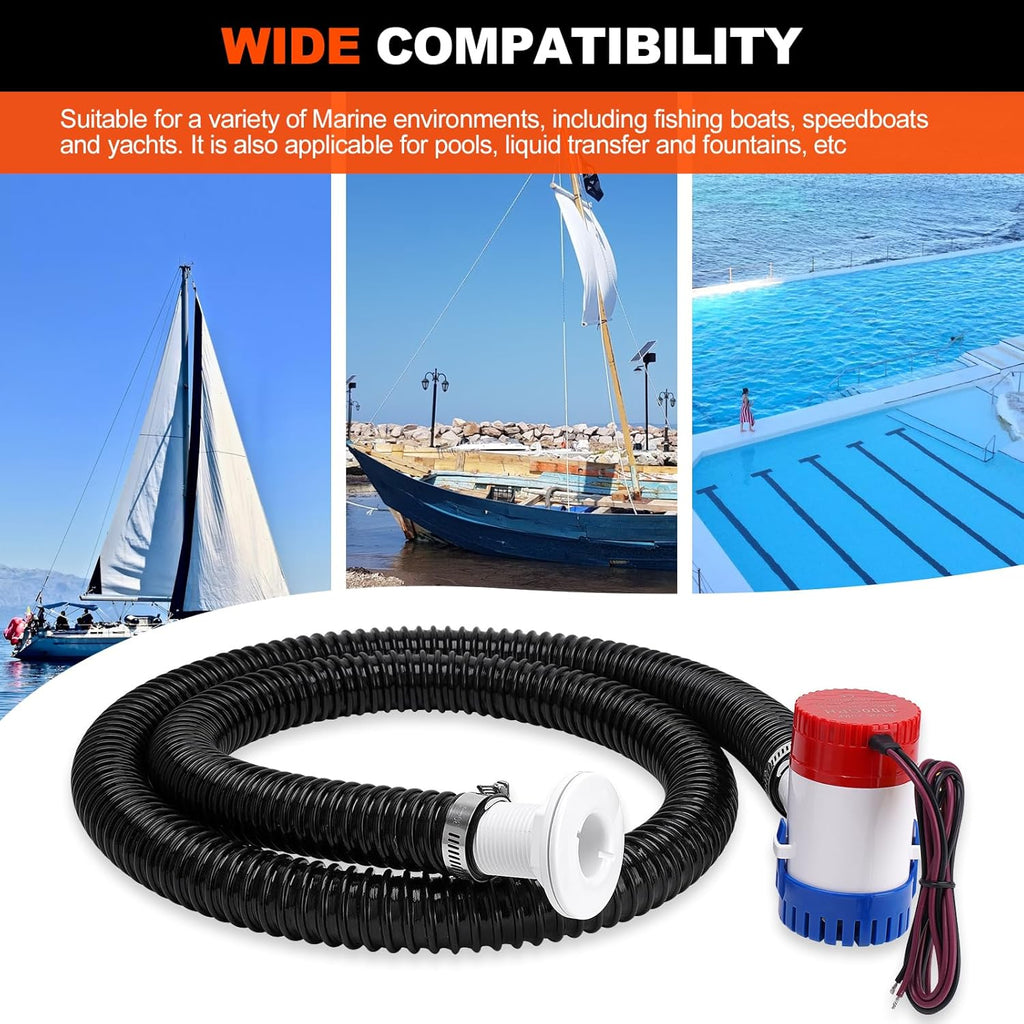 1100 GPH Boat Bilge Pump by [Brand Name] - 12V Plumbing Kit with 6FT Hose & Thru-Hull Fitting for Fishing Yachts