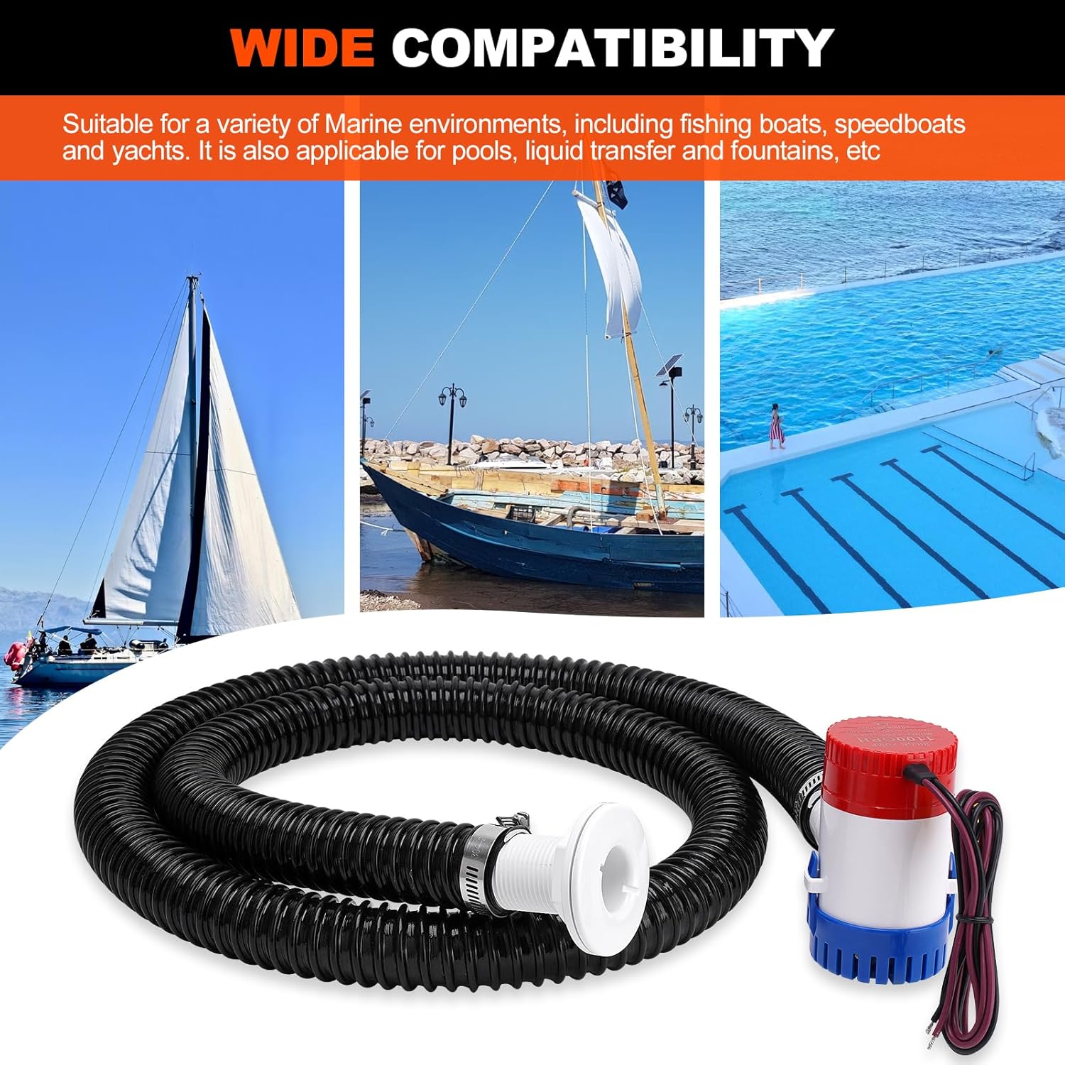 1100 GPH Boat Bilge Pump by [Brand Name] - 12V Plumbing Kit with 6FT Hose & Thru-Hull Fitting for Fishing Yachts